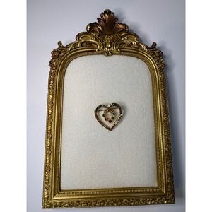 Vintage Gold Tone Etched Heart Brooch Multi Color Rhinestone Pearl Dangle Pin